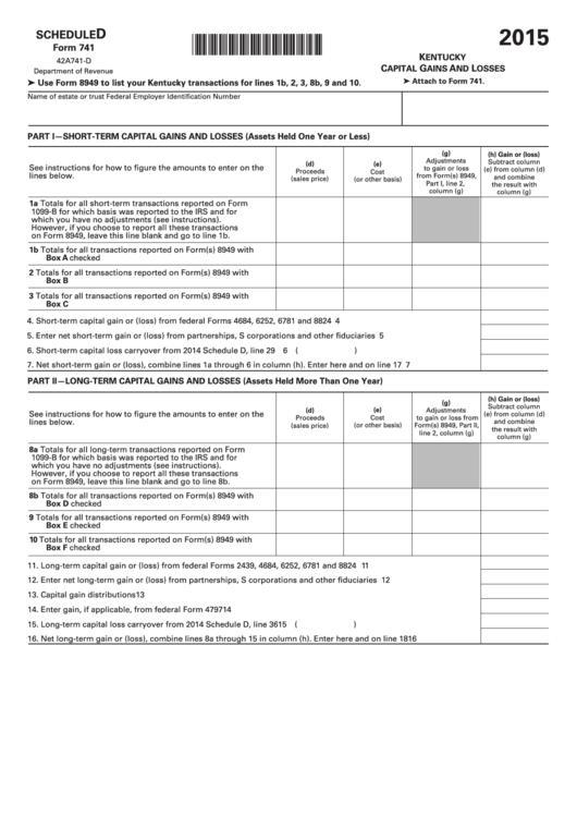 Schedule D (Form 741) - Kentucky Capital Gains And Losses - 2015 Printable pdf