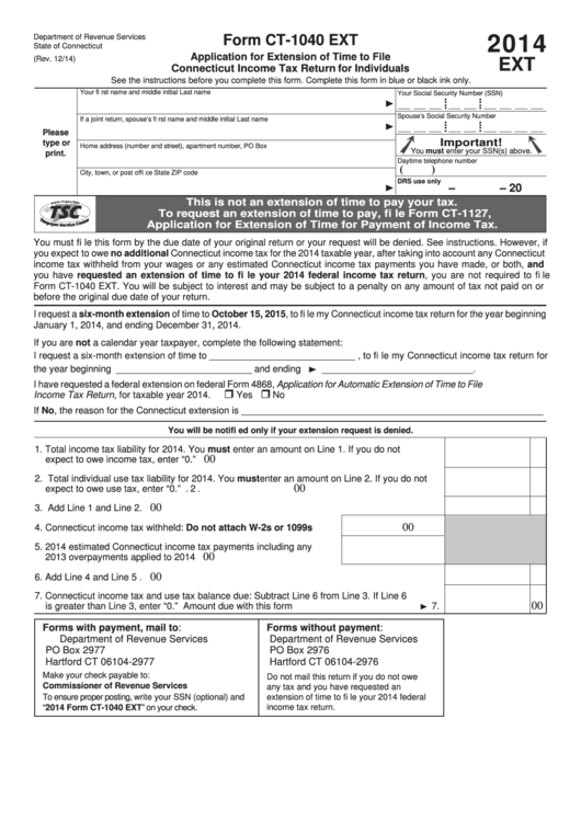 Fillable Form Ct-1040 Ext - Application For Extension Of Time To File Connecticut Income Tax Return For Individuals - 2014 Printable pdf