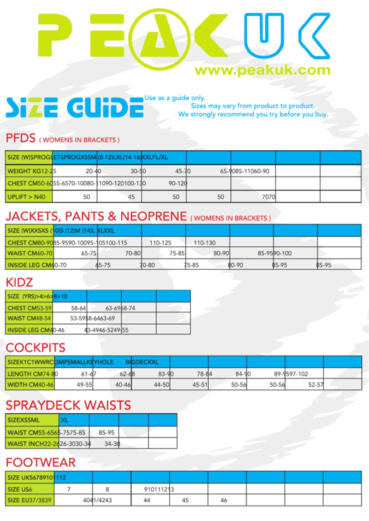 Size Guide - Peak Uk Kayaking Co Ltd Printable pdf