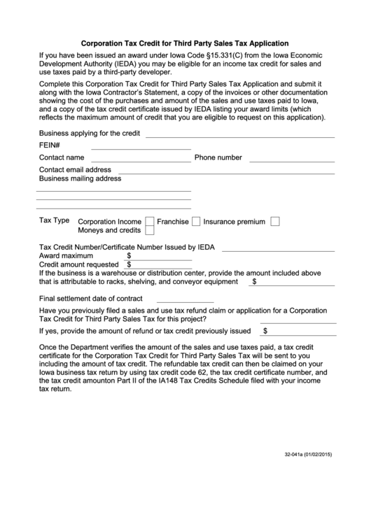 Form 32-041 - Corporation Tax Credit For Third Party Sales Tax Application Printable pdf