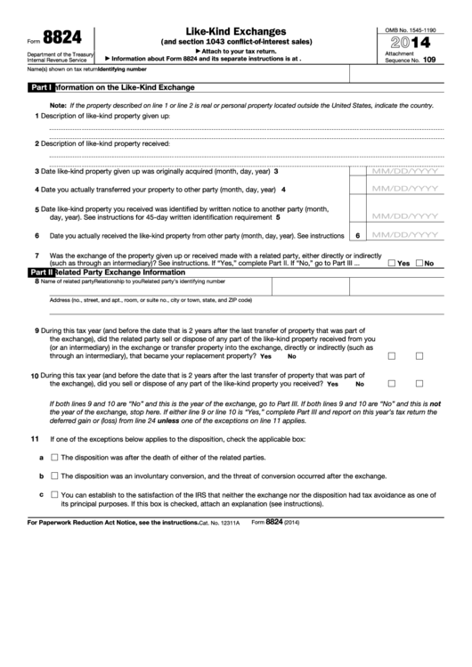 Fillable Form 8824 - Like-Kind Exchanges - 2014 Printable pdf