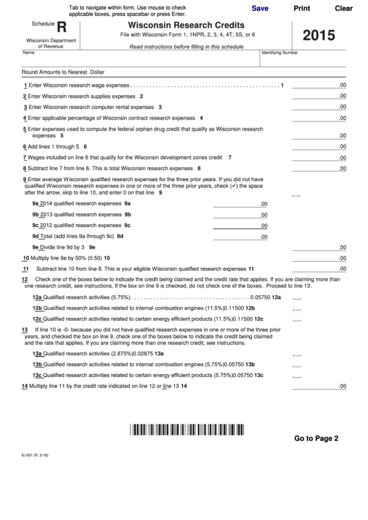 Fillable Schedule R (Form Ic-031) - Wisconsin Research Credits - 2015 Printable pdf