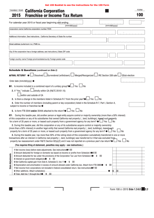 Fillable Form 100 - California Corporation Franchise Or Income Tax Return - 2015 Printable pdf