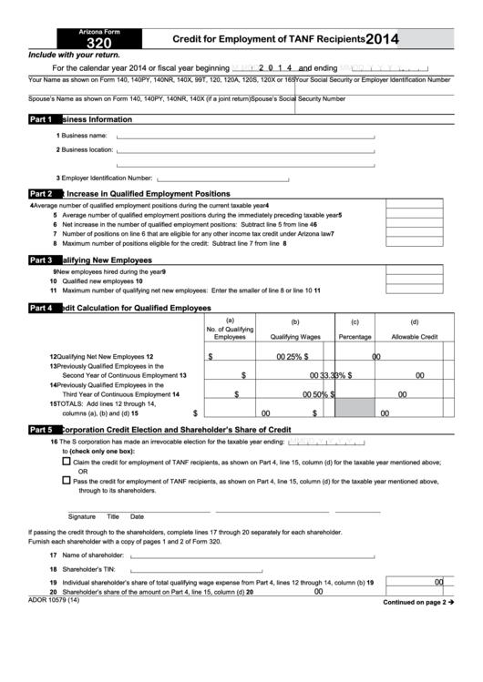 Fillable Arizona Form 320 - Credit For Employment Of Tanf Recipients - 2014 Printable pdf