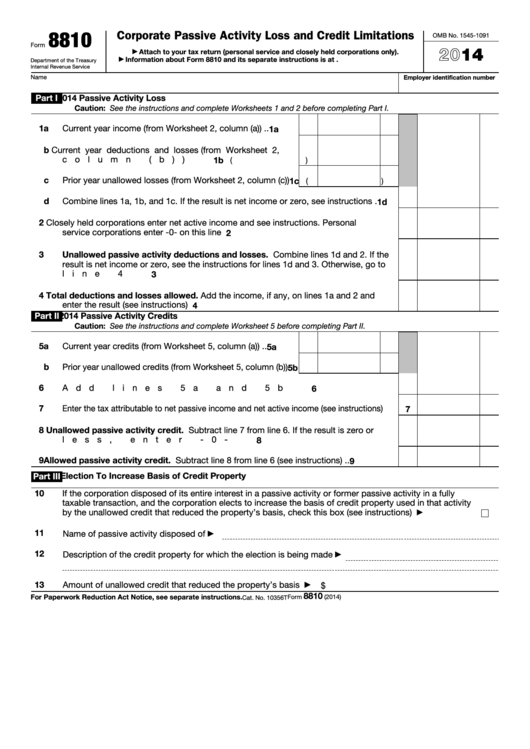 Fillable Form 8810 - Corporate Passive Activity Loss And Credit Limitations - 2014 Printable pdf