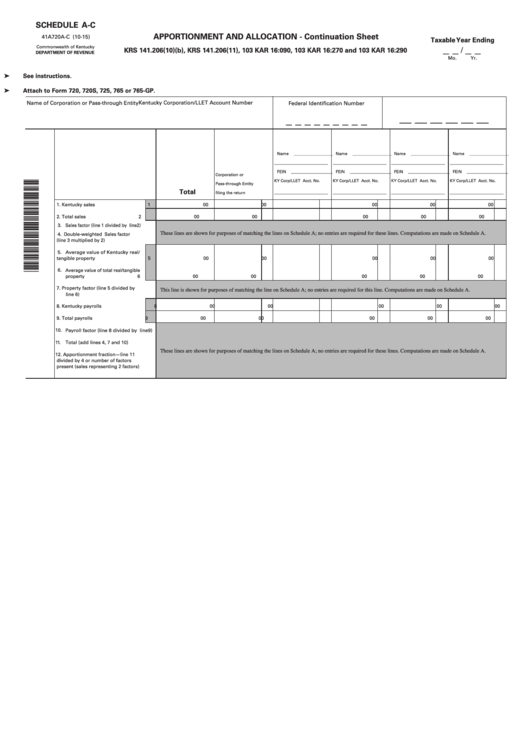 Fillable Schedule A-C (Form 41a720a-C) - Apportionment And Allocation - Continuation Sheet Printable pdf