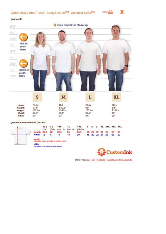 Sizing Line-Up For Gildan Ultra Cotton T-Shirt - Strix Products Printable pdf