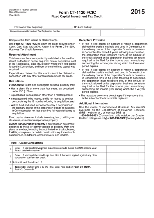 Form Ct-1120 Fcic - Fixed Capital Investment Tax Credit - 2015 Printable pdf