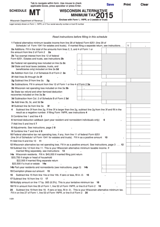 Fillable Schedule Mt - Wisconsin Alternative Minimum Tax - 2015 Printable pdf