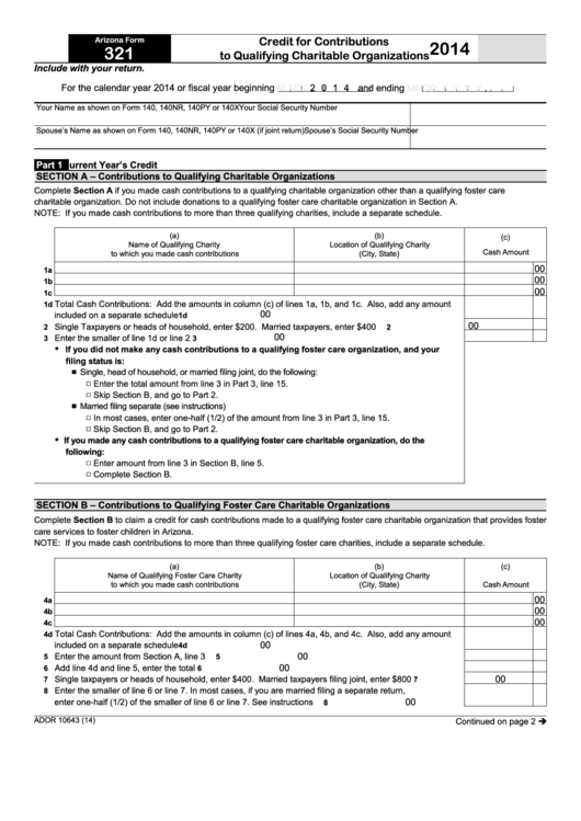 Fillable Arizona Form 321 - Credit For Contributions To Qualifying Charitable Organizations - 2014 Printable pdf