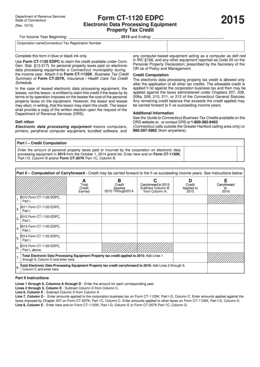 Form Ct-1120 Edpc - Electronic Data Processing Equipment Property Tax Credit - 2015 Printable pdf
