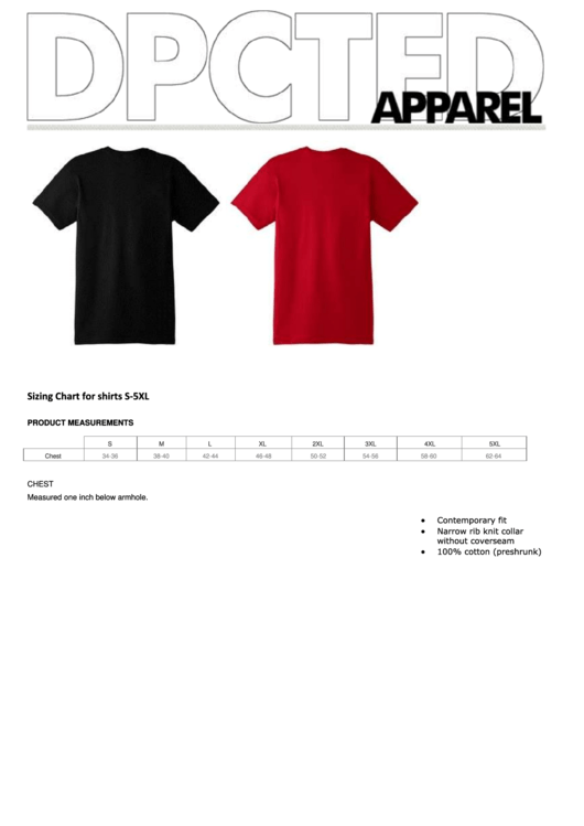 Sizing Chart For Shirts S-5xl - Dpcted Apparel Printable pdf