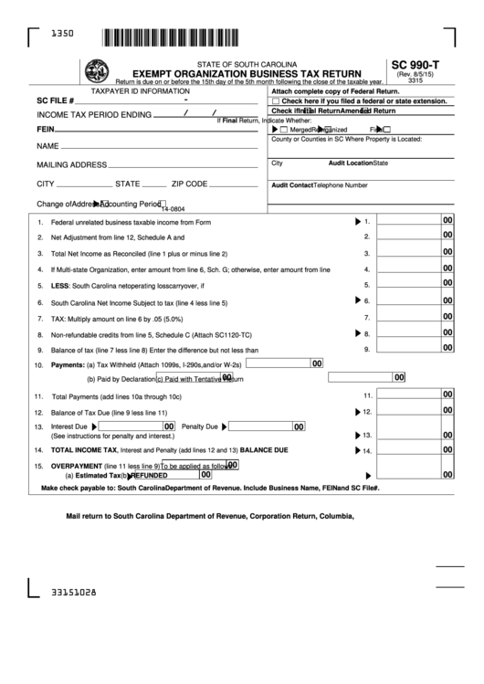 Form Sc 990-T - Exempt Organization Business Tax Return Printable pdf