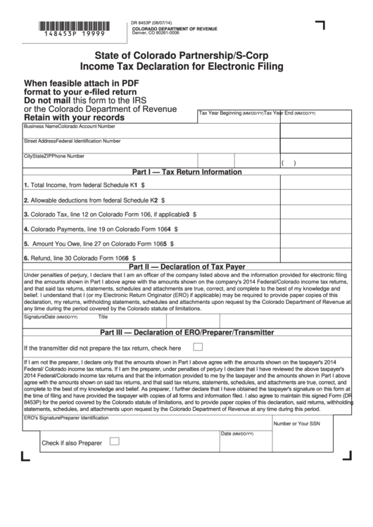 Fillable Form Dr 8453p - Partnership/s-Corp Income Tax Declaration For Electronic Filing Printable pdf