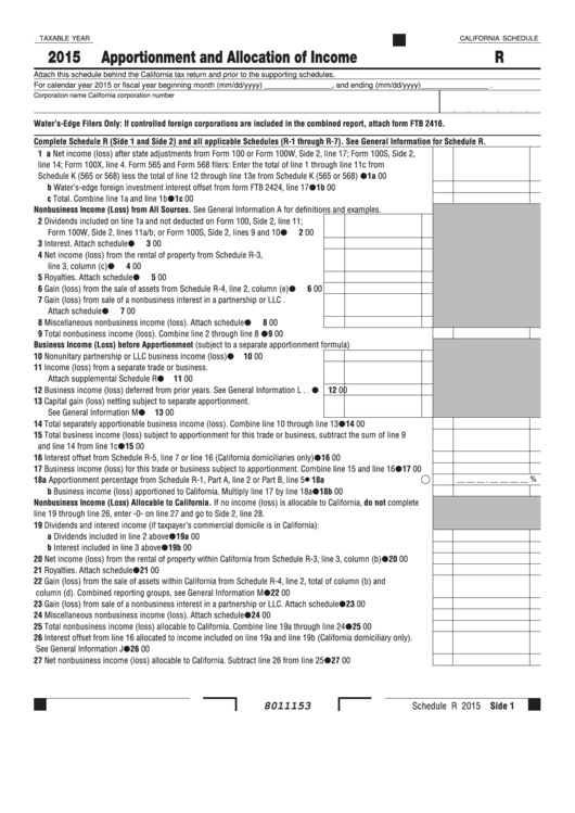 California Schedule R - Apportionment And Allocation Of Income - 2015 Printable pdf