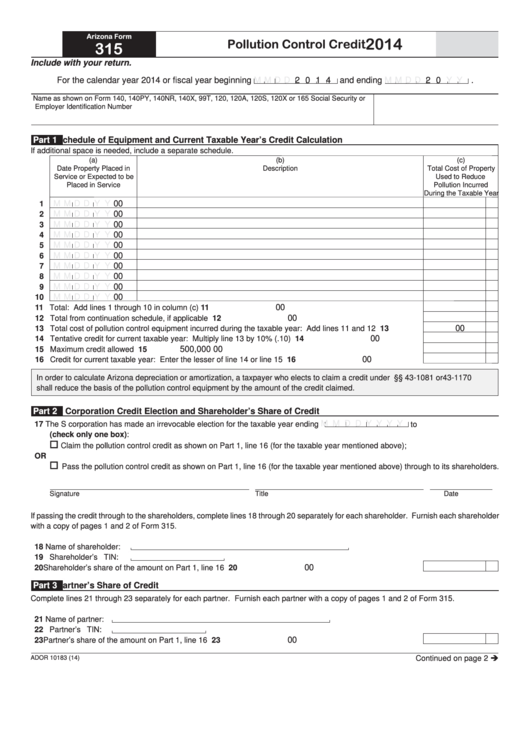 Fillable Arizona Form 315 - Pollution Control Credit - 2014 Printable pdf