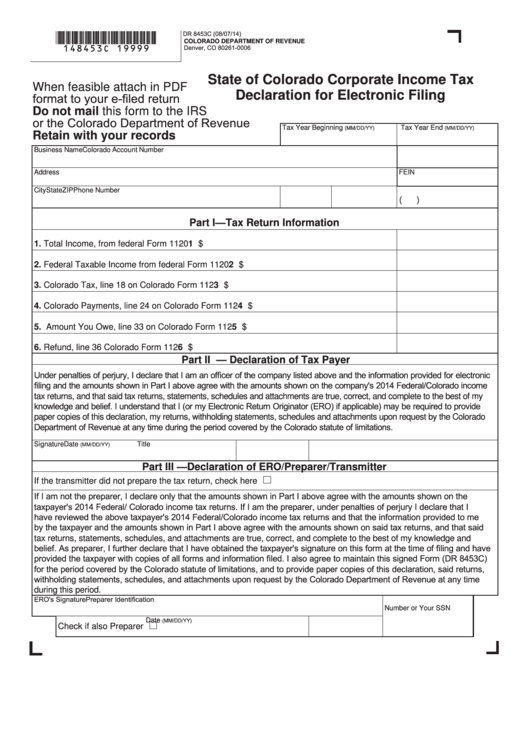 Fillable Form Dr 8453c - State Of Colorado Corporate Income Tax Declaration For Electronic Filing Printable pdf