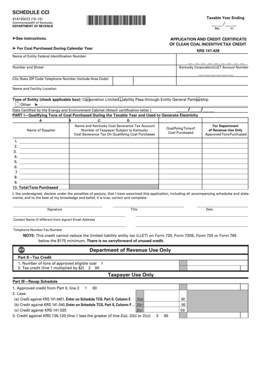 Fillable Schedule Cci (Form 41a720cci) - Application And Credit Certificate Of Clean Coal Incentive Tax Credit Printable pdf