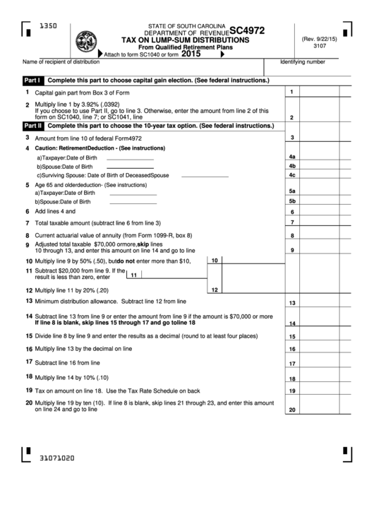 Form Sc4972 - Tax On Lump-Sum Distributions - 2015 Printable pdf