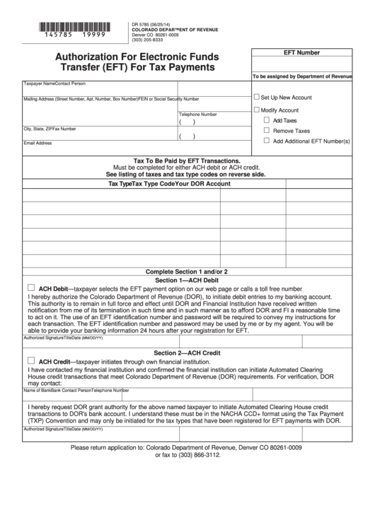 Fillable Form Dr 5785 - Authorization For Electronic Funds Transfer (Eft) For Tax Payments Printable pdf