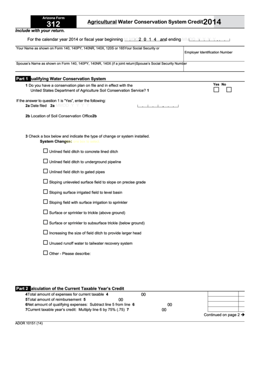 Fillable Arizona Form 312 - Agricultural Water Conservation System Credit - 2014 Printable pdf