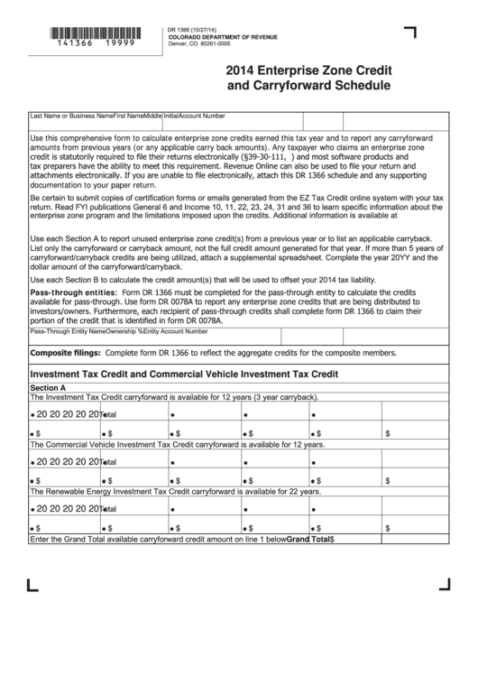 Fillable Form Dr 1366 - Enterprise Zone Credit And Carryforward Schedule - 2014 Printable pdf