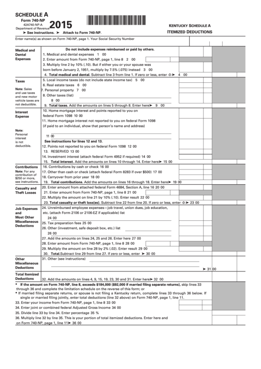 Fillable Schedule A (Form 740-Np) - Itemized Deductions - 2015 Printable pdf