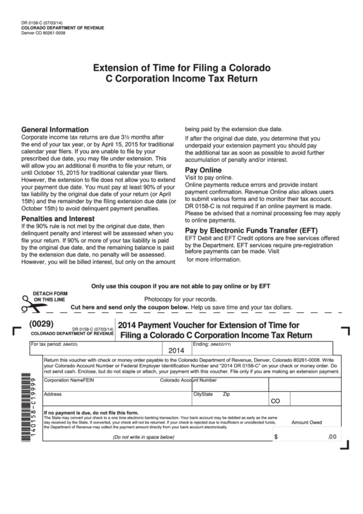 Fillable Form Dr 0158-C - Payment Voucher For Extension Of Time For Filing A Colorado C Corporation Income Tax Return - 2014 Printable pdf