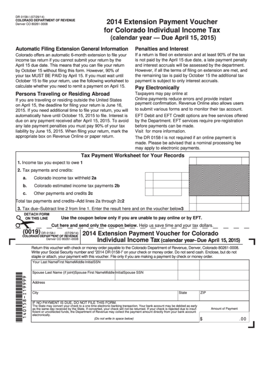 Fillable Form Dr 0158-I - Extension Payment Voucher For Colorado Individual Income Tax - 2014 Printable pdf