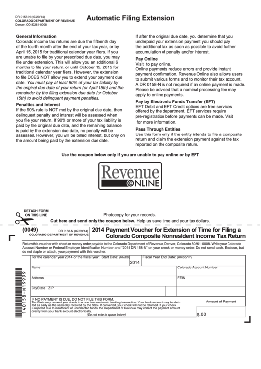 Fillable Form Dr 0158-N - Payment Voucher For Extension Of Time For Filing A Colorado Composite Nonresident Income Tax Return - 2014 Printable pdf