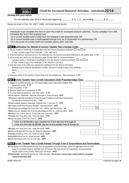 Fillable Arizona Form 308-I - Credit For Increased Research Activities - Individuals - 2014 Printable pdf