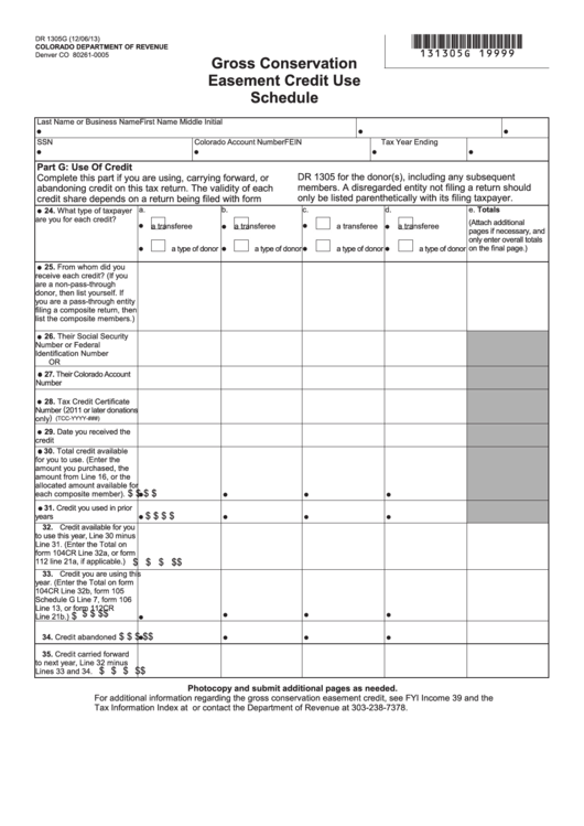 Fillable Form Dr 1305g - Gross Conservation Easement Credit Use Schedule Printable pdf