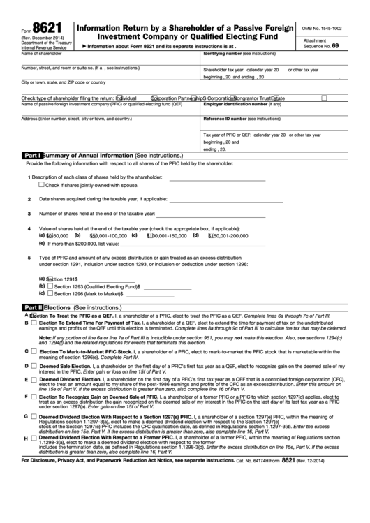 Fillable Form 8621 - Information Return By A Shareholder Of A Passive Foreign Investment Company Or Qualified Electing Fund Printable pdf