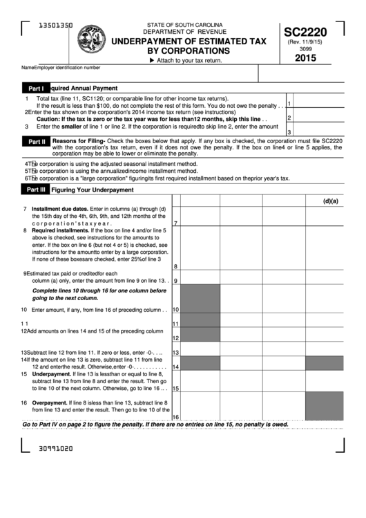 Form Sc2220 - Underpayment Of Estimated Tax By Corporations - 2015 Printable pdf