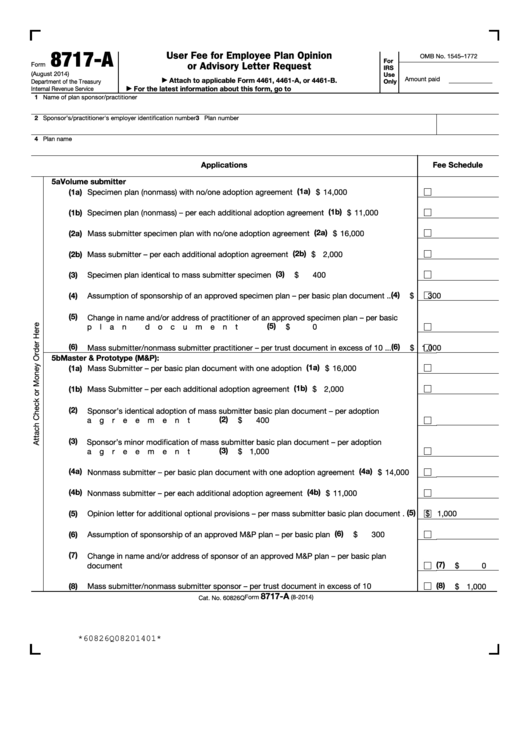 Fillable Form 8717-A - User Fee For Employee Plan Opinion Or Advisory Letter Request Printable pdf