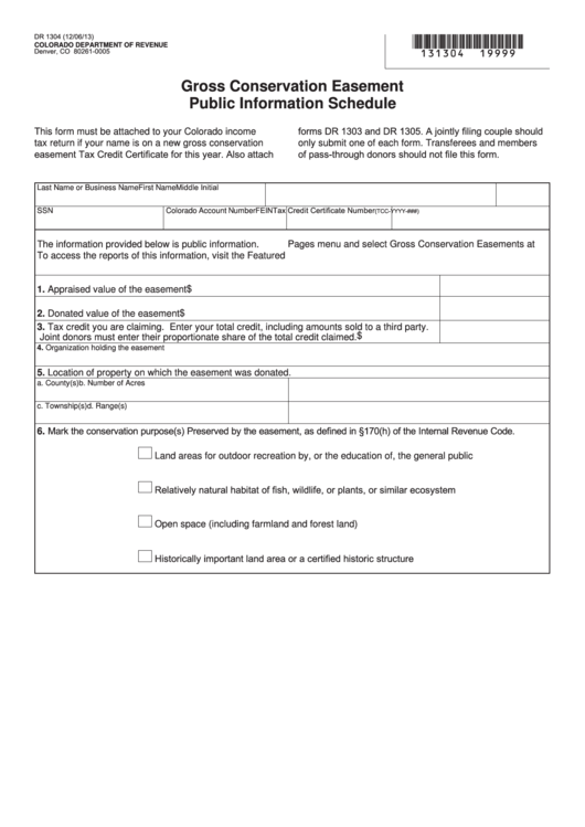 Fillable Form Dr 1304 - Gross Conservation Easement Public Information Schedule Printable pdf