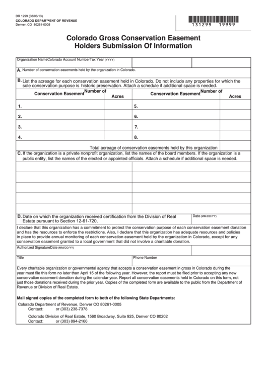 Fillable Form Dr 1299 - Colorado Gross Conservation Easement Holders Submission Of Information Printable pdf