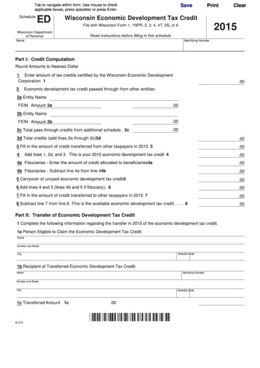 Fillable Schedule Ed - Wisconsin Economic Development Tax Credit - 2015 Printable pdf