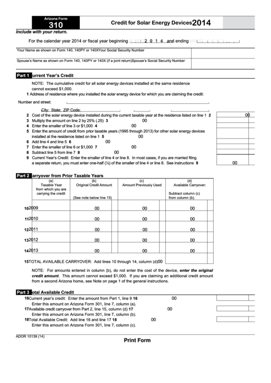 Fillable Arizona Form 310 - Credit For Solar Energy Devices - 2014 Printable pdf