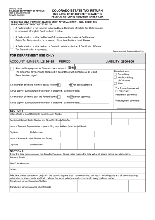 Form Dr 1210 - Colorado Estate Tax Return Printable pdf