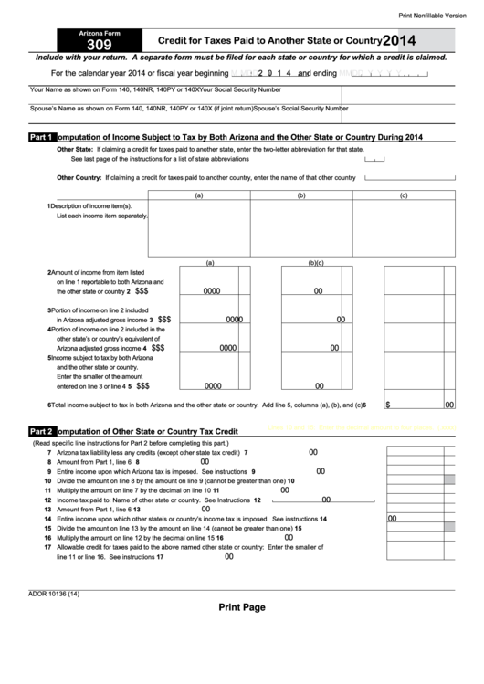 Fillable Arizona Form 309 - Credit For Taxes Paid To Another State Or Country - 2014 Printable pdf