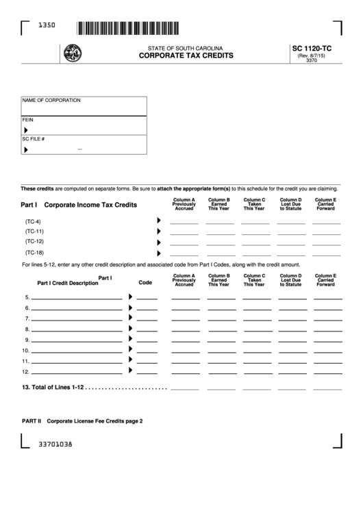 Form Sc 1120-Tc - Corporate Tax Credits Printable pdf