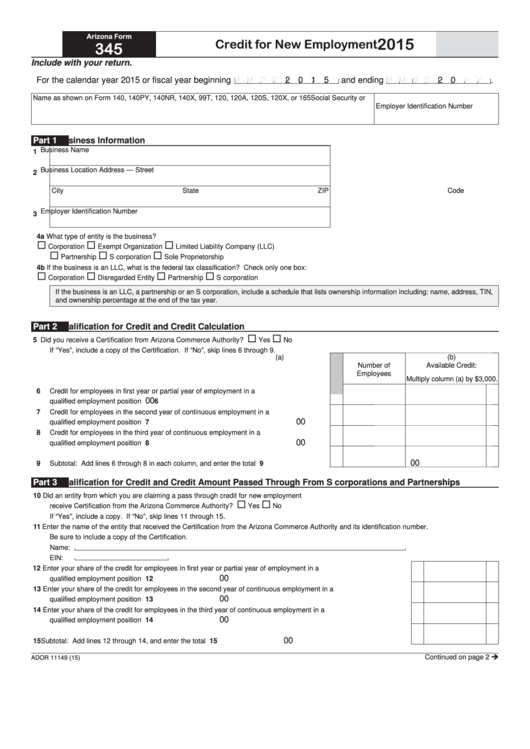 Fillable Arizona Form 345 - Credit For New Employment - 2015 Printable pdf