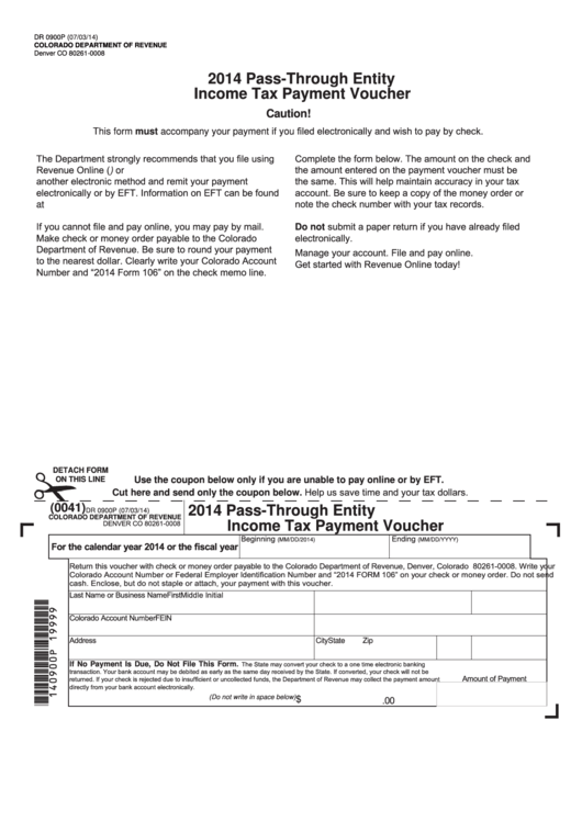 Form Dr 0900p - Pass-Through Entity Income Tax Payment Voucher - 2014 Printable pdf