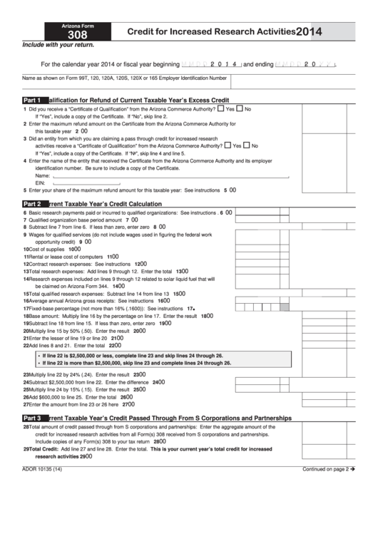 Fillable Arizona Form 308 - Credit For Increased Research Activities - 2014 Printable pdf