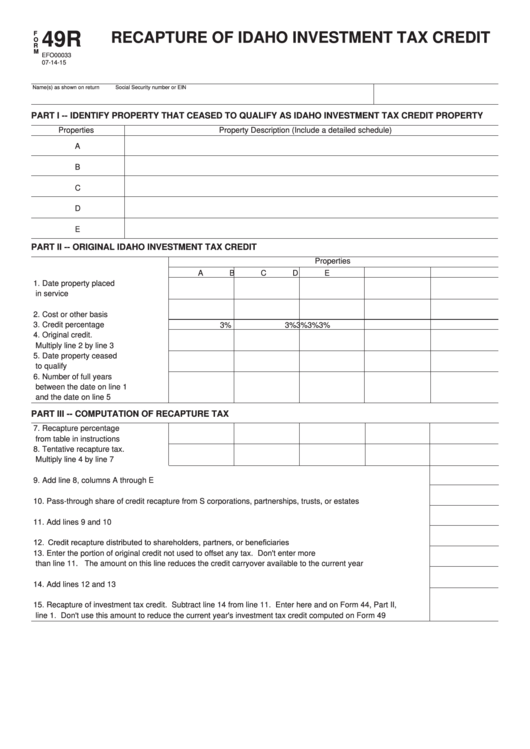 Form 49r - Recapture Of Idaho Investment Tax Credit Printable pdf