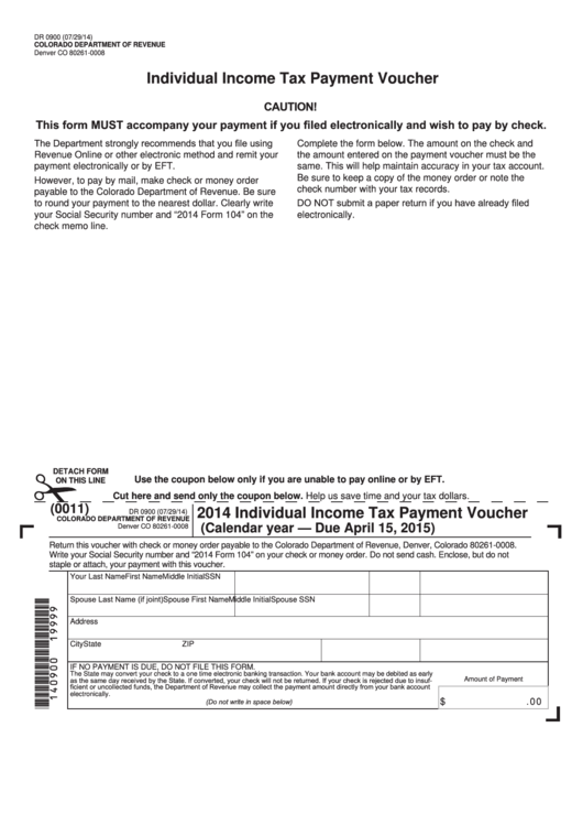 Fillable Form Dr 0900 - Individual Income Tax Payment Voucher - 2014 Printable pdf