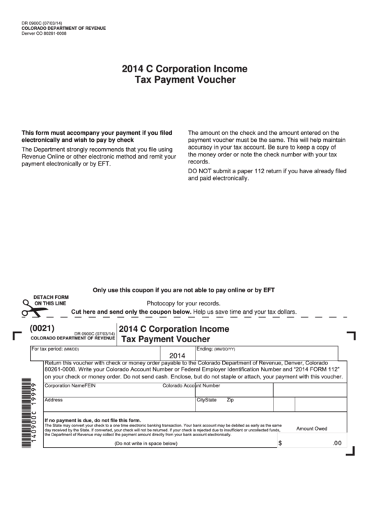 Form Dr 0900c - C Corporation Income Tax Payment Voucher - 2014 Printable pdf