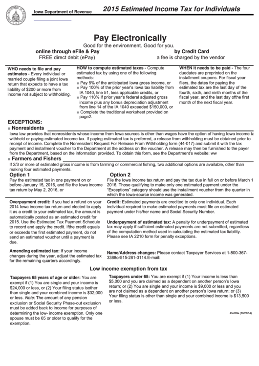Form 45-009 - Estimated Income Tax Traditional Worksheet - 2015 Printable pdf
