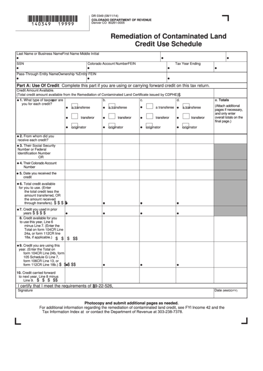 Fillable Form Dr 0349 - Remediation Of Contaminated Land Credit Use Schedule Printable pdf